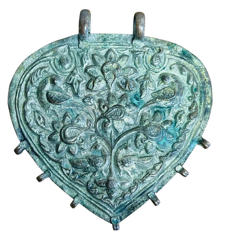 Copper Flower Peacock Embossed Handcrafted Tribal Pendant Folk Art Amulet Jewelr
